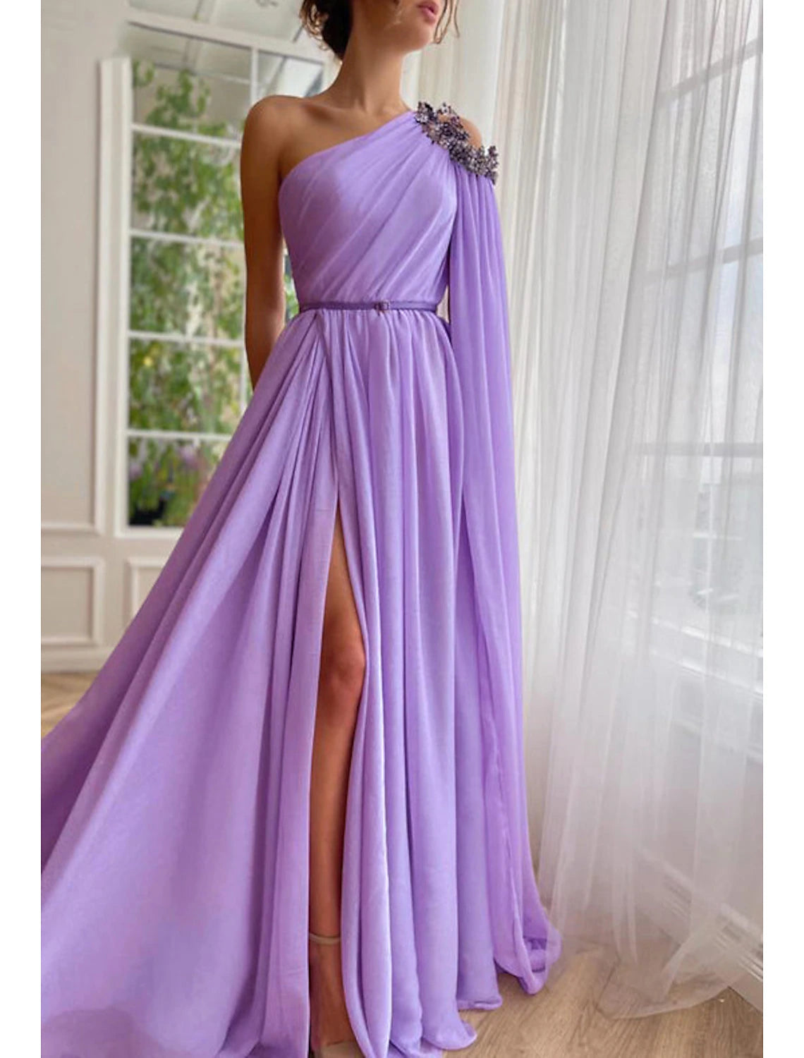 A-Line Prom Gown Elegant Dress Formal Wedding Guest Sweep / Brush Train Sleeveless One Shoulder Capes Chiffon