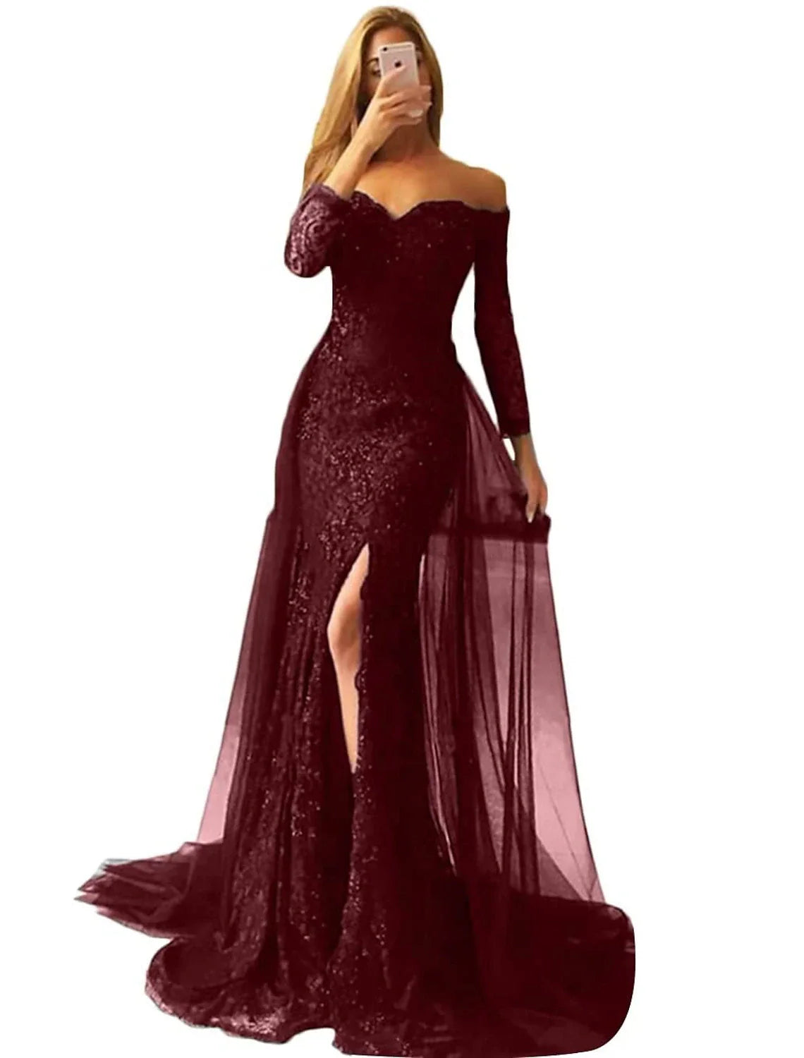 Evening Gown Floral Carnival Dress Formal Wedding Sweep / Brush Train Long Sleeve Off Shoulder Fall Wedding Reception Chiffon with Slit Appliques