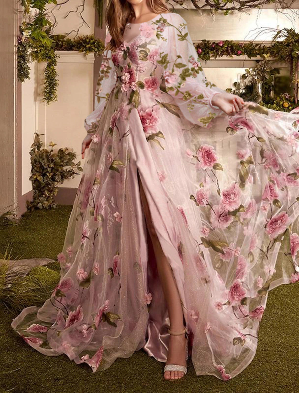 A-Line Evening Dresses Floral Dress Formal Wedding Guest Sweep / Brush Train Long Sleeve Jewel Neck Lace