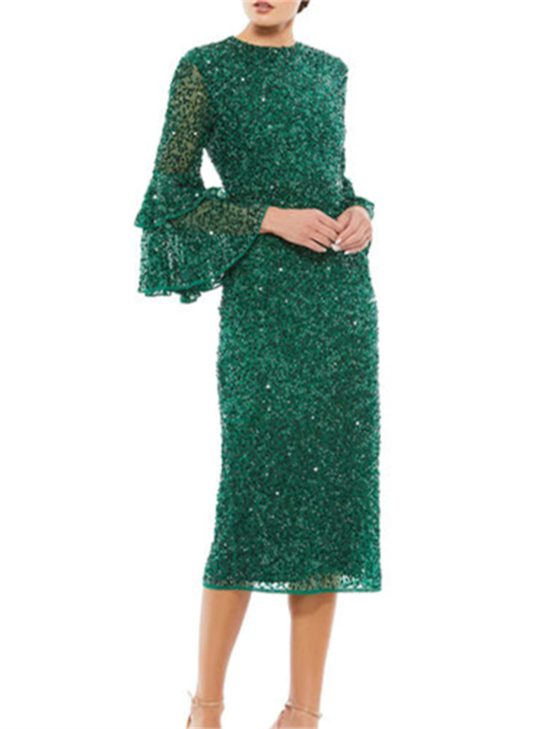 Sheath / Column Evening Dresses Party Dress Wedding Guest Party Wear Tea Length 3/4 Length Sleeve Jewel Neck Sequined