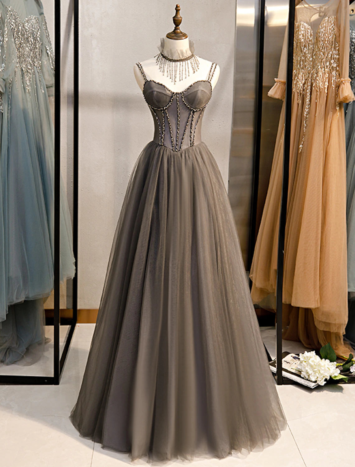 A-Line Evening Dresses Open Back Dress Formal Wedding Guest Floor Length Sleeveless Spaghetti Strap Tulle