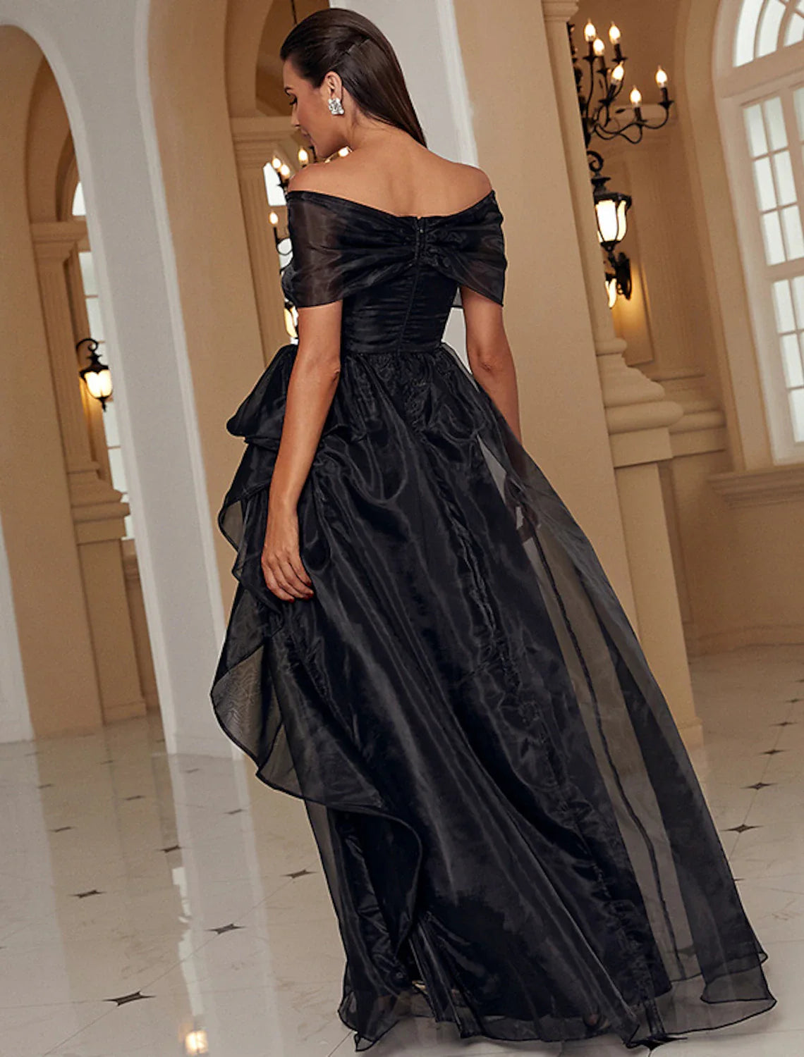 Evening Gown Sexy Dress Formal Wedding Guest Floor Length Short Sleeve Off Shoulder Wednesday Addams Family Polyester with Ruffles Slit