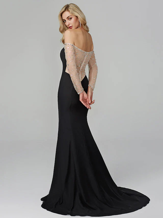 Evening Dress Holiday Floor Length Long Sleeve Off Shoulder Chiffon with Beading