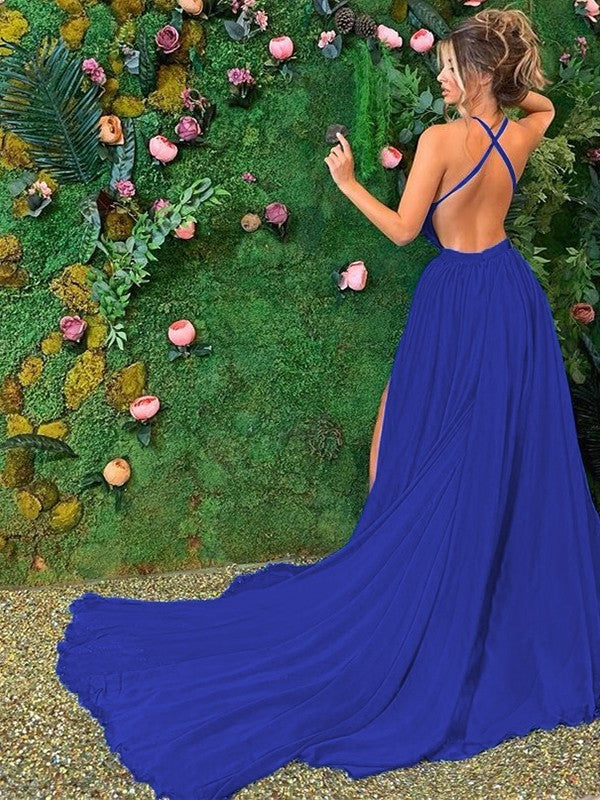 Satin Chiffon Ruffles Halter Sleeveless Sweep/Brush Train Dresses