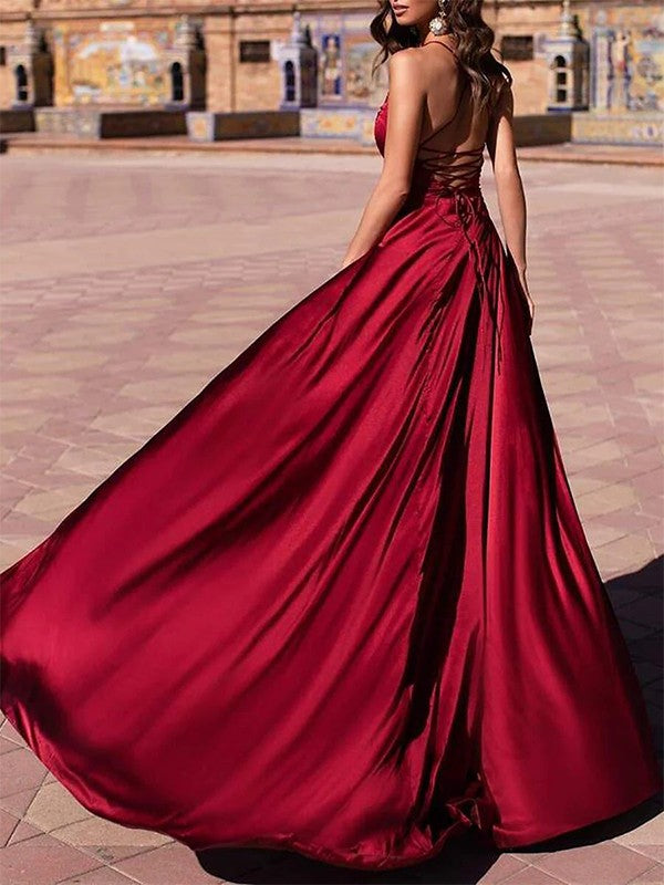 Woven Satin V-neck Sleeveless Sweep/Brush Train Dresses
