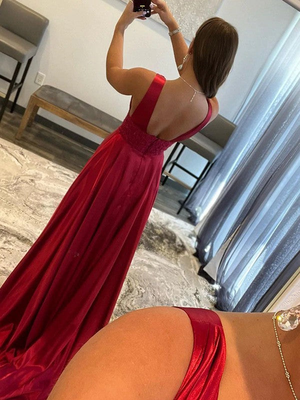 Woven Satin Applique V-neck Sleeveless Sweep/Brush Train Dresses