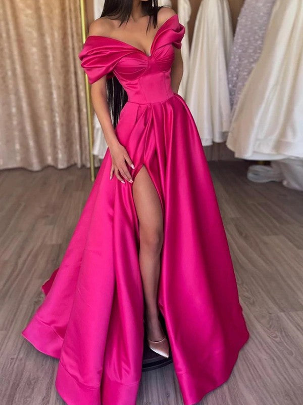 Satin Ruched Off-the-Shoulder Sleeveless Sweep/Brush Train Dresses