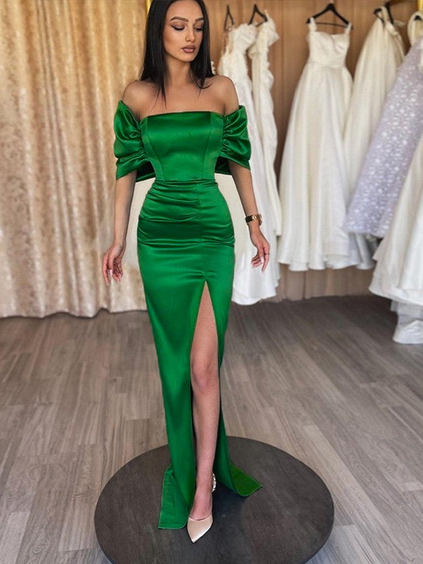 Satin Ruched Off-the-Shoulder Sleeveless Sweep/Brush Train Dresses