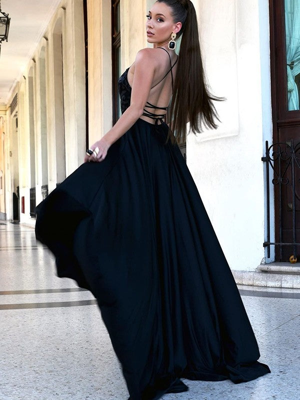 Jersey Lace Spaghetti Straps Sleeveless Sweep/Brush Train Dresses