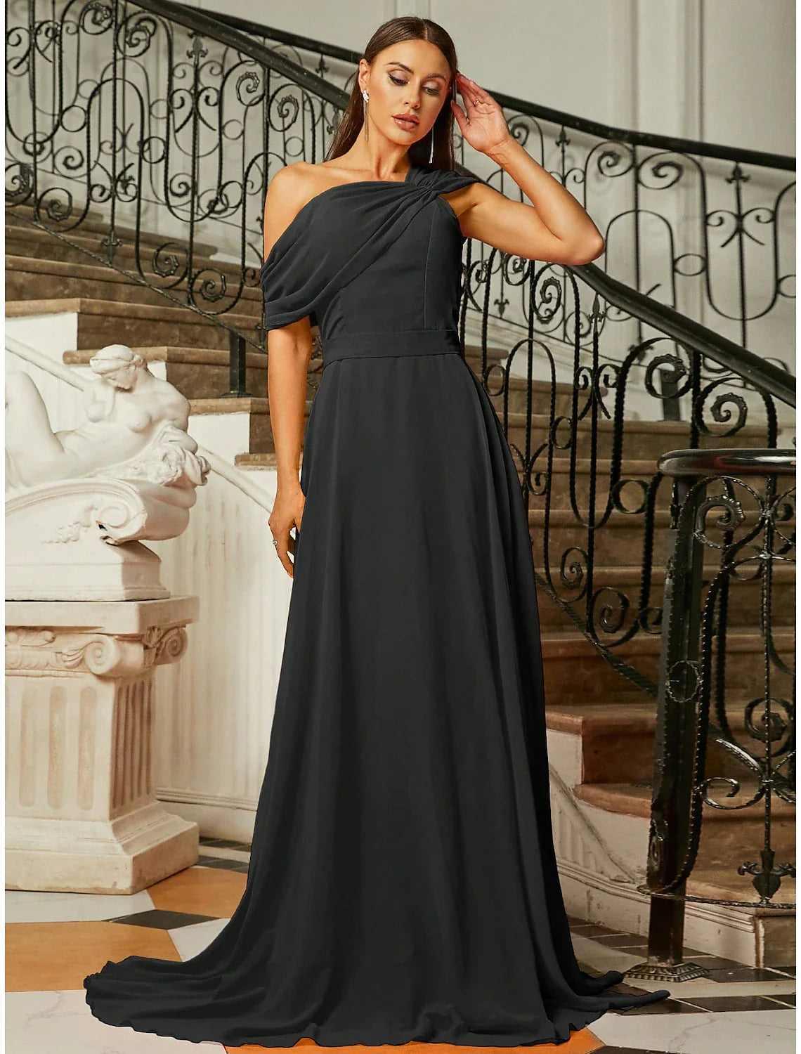 Evening Gown Elegant Dress Formal Fall Sweep / Brush Train Short Sleeve One Shoulder Stretch Fabric with Pleats Ruched