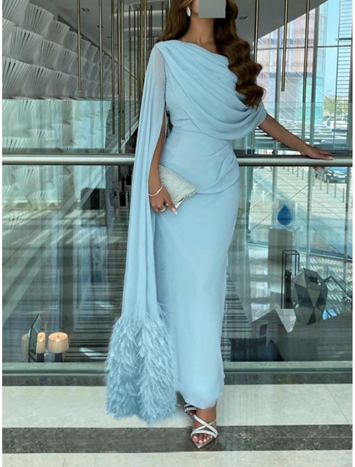 Sheath / Column Evening Gown Elegant Dress Formal Fall Sweep / Brush Train Sleeveless Cowl Neck Chiffon