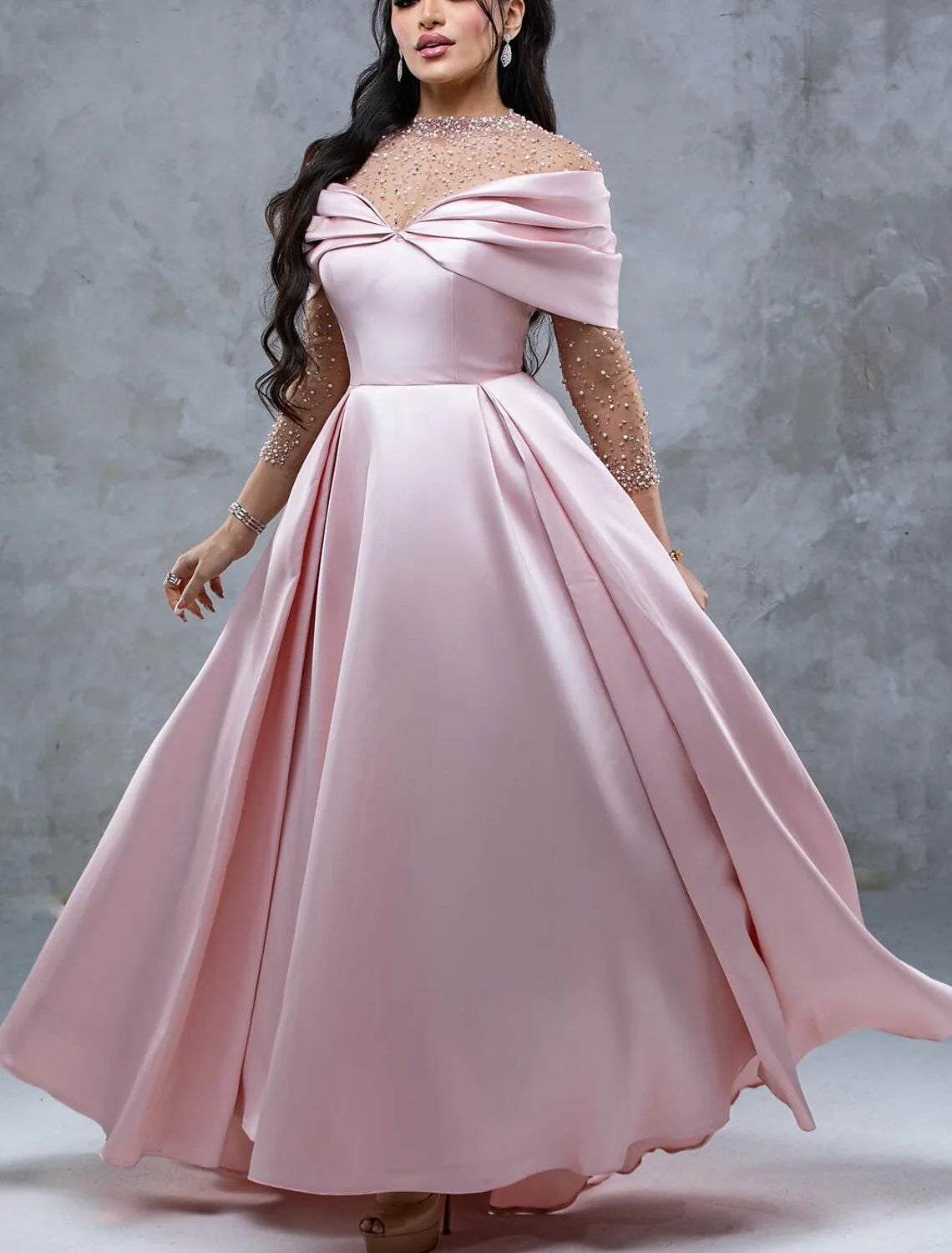 Evening Gown Elegant Dress Formal Prom Floor Length Short Sleeve Sweetheart Satin with Ruched Pearls Crystals