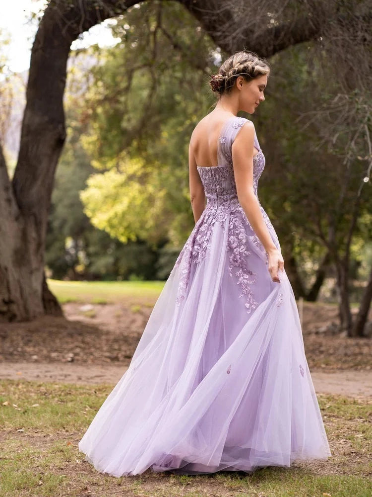 Lavender Tulle A-Line One Shoulder Back Zip Floor-Length Dress