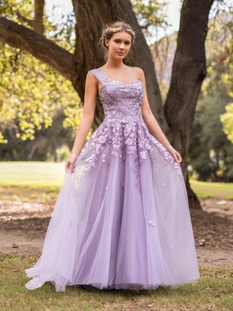 Lavender Tulle A-Line One Shoulder Back Zip Floor-Length Dress