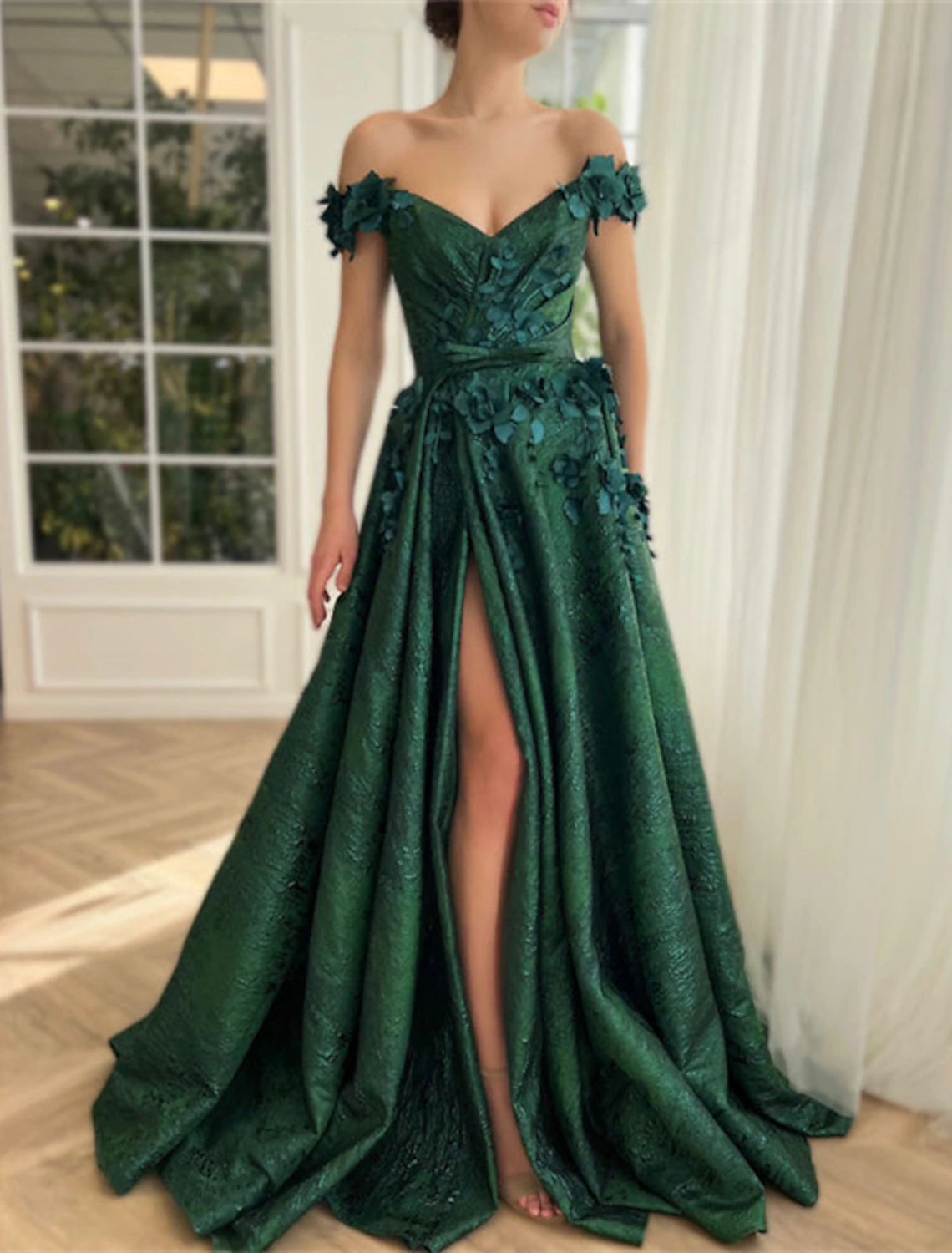 A-Line Evening Dresses Floral Dress Wedding Guest Wedding Party Court Train Sleeveless Off Shoulder Satin