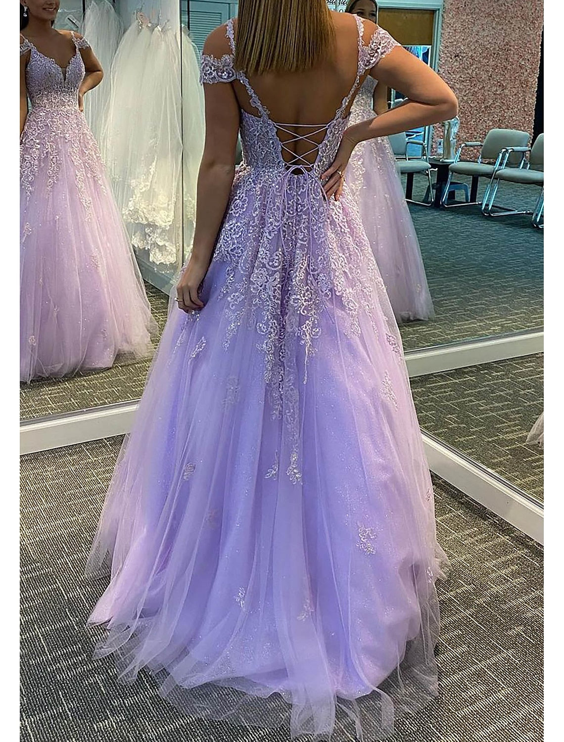 A-Line Evening Dresses Empire Dress Formal Wedding Guest Floor Length Sleeveless V Neck Tulle Backless