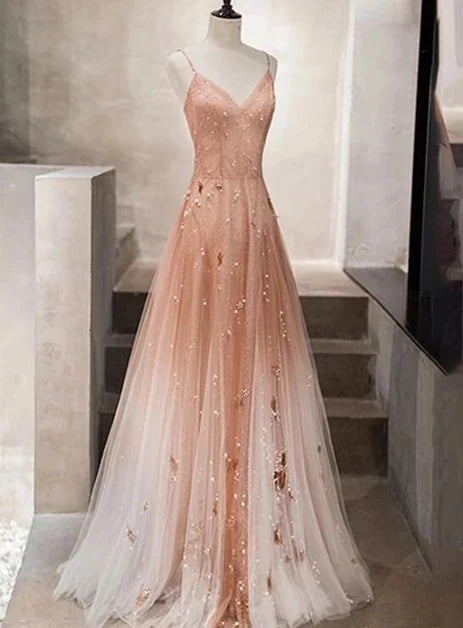 Peach Ombre Spaghetti Strap V Neck Beaded Tulle A Line Prom Dress With Floral Appliques