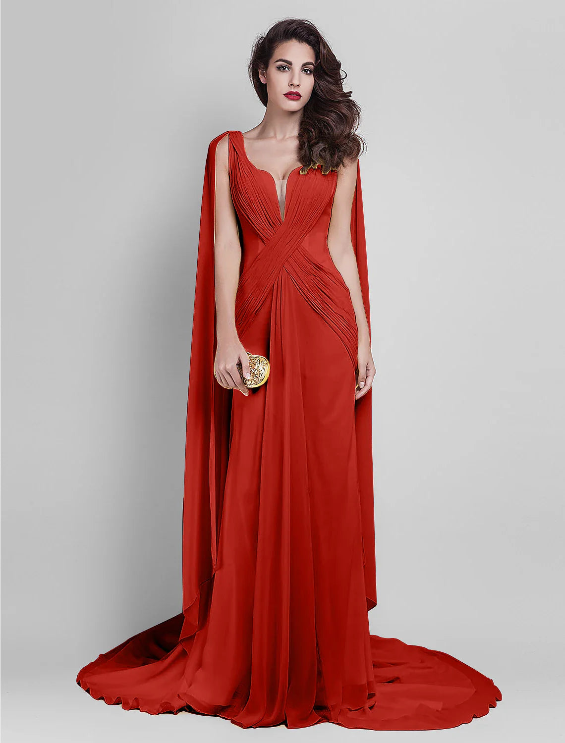 Evening Dress Wedding Guest Prom Court Train Sleeveless Plunging Neck Georgette V Back with Criss Cross Side Draping