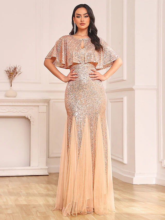 Two Piece Mermaid / Trumpet Party Dresses Sparkle & Shine Dress Prom Floor Length Sleeveless V Neck Capes Tulle V Back