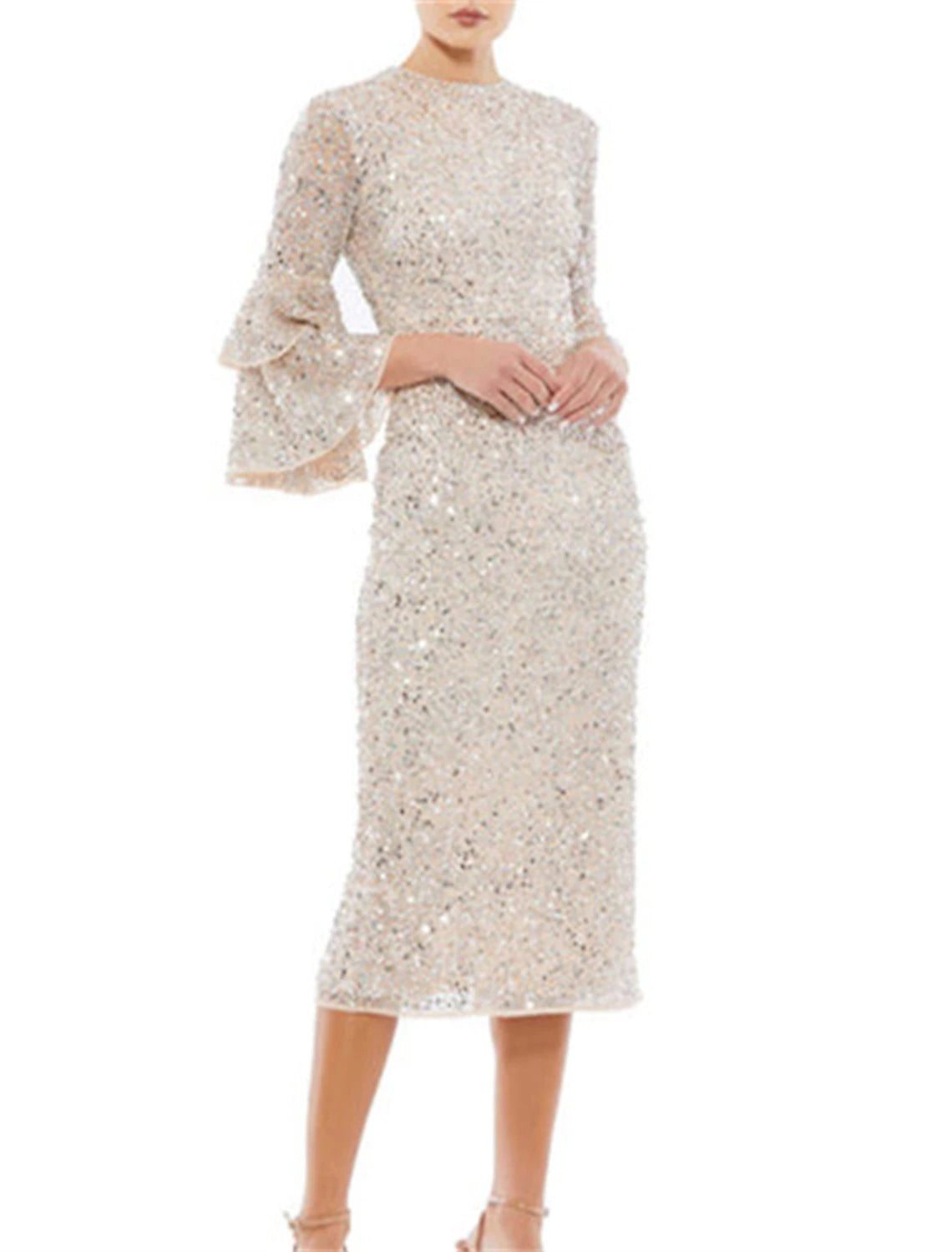 Sheath / Column Evening Dresses Party Dress Wedding Guest Party Wear Tea Length 3/4 Length Sleeve Jewel Neck Sequined