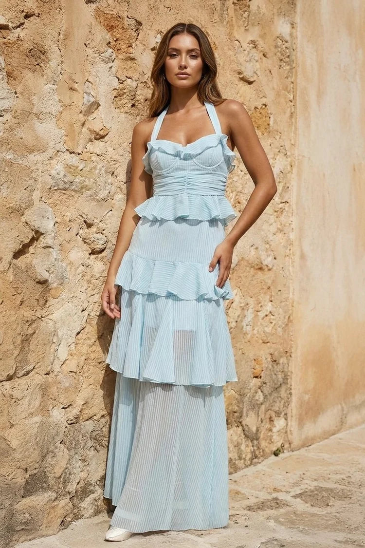 Sky Blue Chiffon tiered halter open-back floor-length Dress