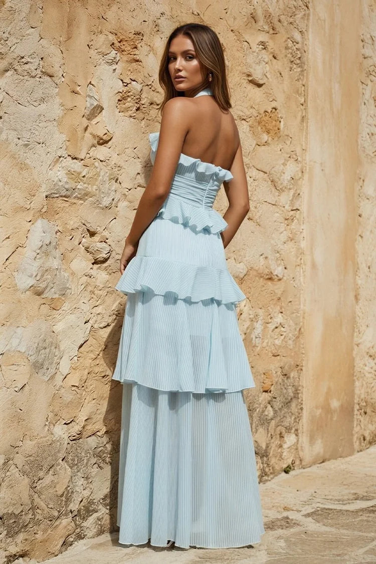 Sky Blue Chiffon tiered halter open-back floor-length Dress