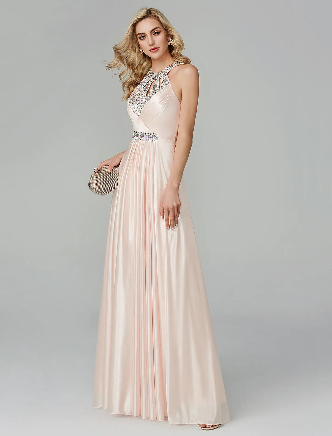 A-Line Party Dress Wedding Guest Floor Length Sleeveless Halter Neck Silk Backless with Crystals Sequin
