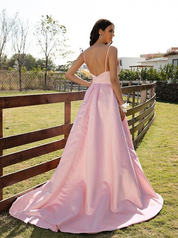 Satin Ruched V-neck Sleeveless Sweep/Brush Train Dresses