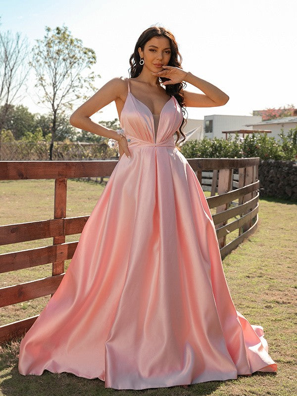 Satin Ruched V-neck Sleeveless Sweep/Brush Train Dresses
