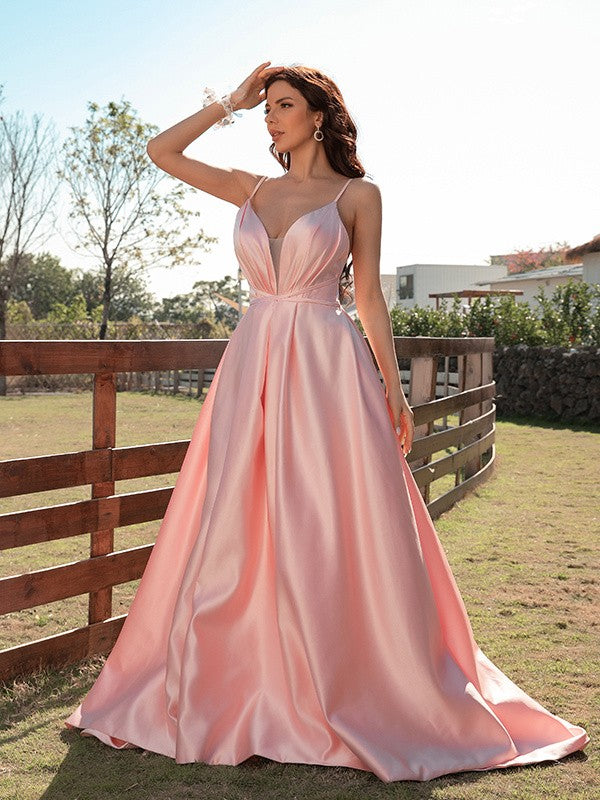 Satin Ruched V-neck Sleeveless Sweep/Brush Train Dresses