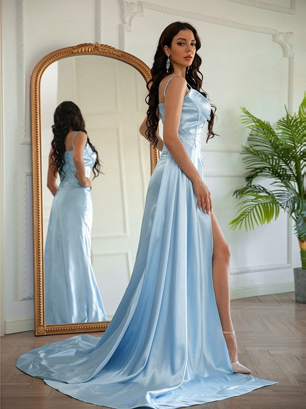 Satin Ruched Spaghetti Straps Sleeveless Sweep/Brush Train Dresses