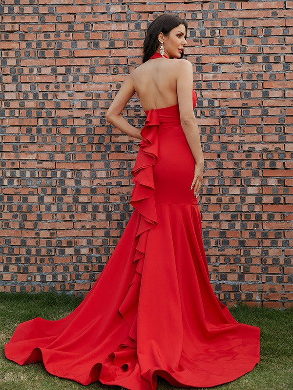 Ruffles Halter Sleeveless Sweep/Brush Train Prom Dresses