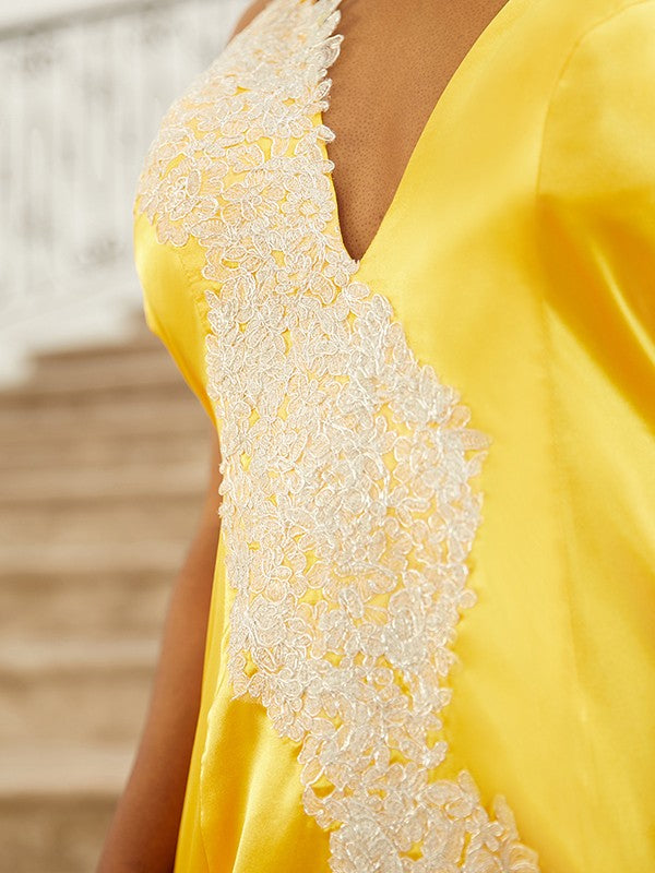 Vestidos de satén tejido con apliques, escote en V, sin mangas y cola larga