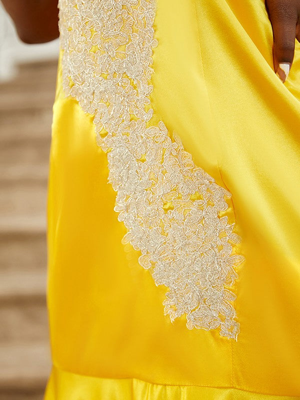 Vestidos de satén tejido con apliques, escote en V, sin mangas y cola larga