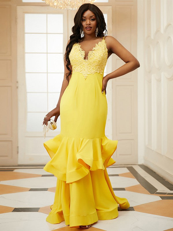 Jersey Applique V-neck Sleeveless Sweep/Brush Train Dresses