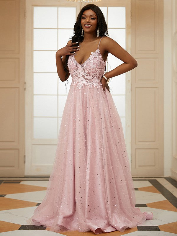 Tulle Applique V-neck Sleeveless Sweep/Brush Train Dresses