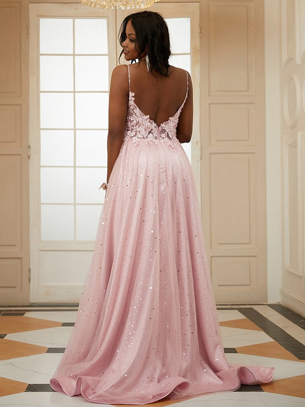 Tulle Applique V-neck Sleeveless Sweep/Brush Train Dresses