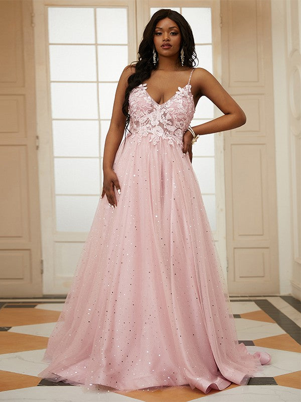 Tulle Applique V-neck Sleeveless Sweep/Brush Train Dresses