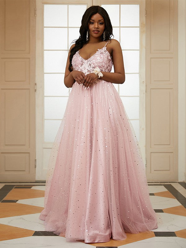Tulle Applique V-neck Sleeveless Sweep/Brush Train Dresses