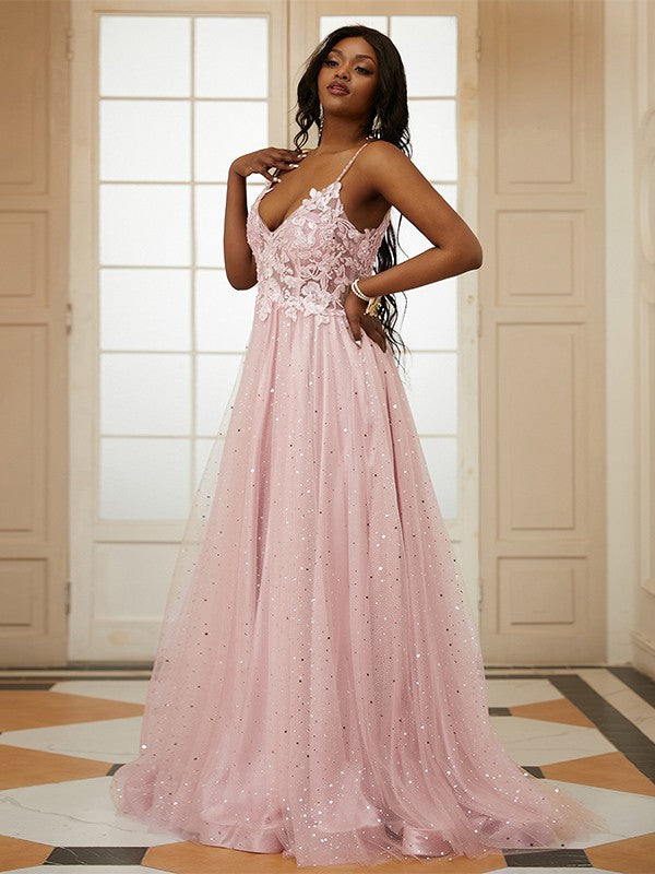 Tulle Applique V-neck Sleeveless Sweep/Brush Train Dresses
