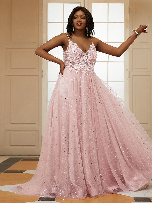 Tulle Applique V-neck Sleeveless Sweep/Brush Train Dresses