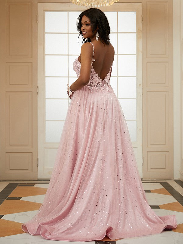 Tulle Applique V-neck Sleeveless Sweep/Brush Train Dresses