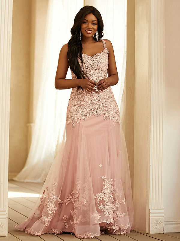 Tulle Applique Straps Sleeveless Sweep/Brush Train Dresses