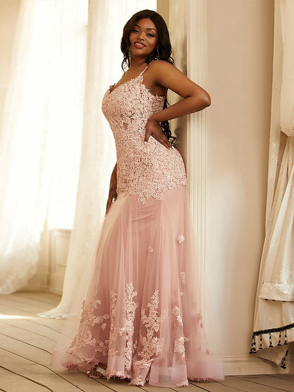 Tulle Applique Straps Sleeveless Sweep/Brush Train Dresses