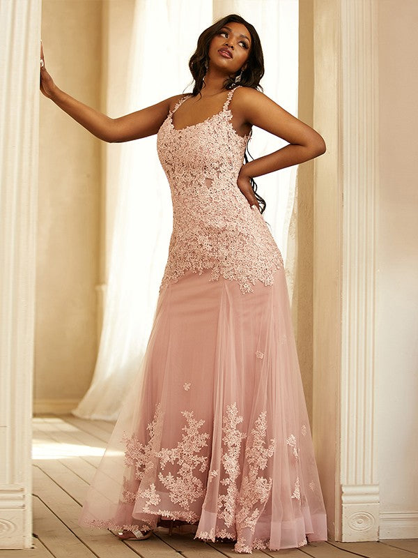 Tulle Applique Straps Sleeveless Sweep/Brush Train Dresses