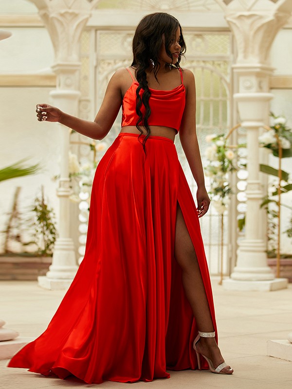 Satin Ruffles Spaghetti Straps Sleeveless Sweep/Brush Train Two Piece Dresses
