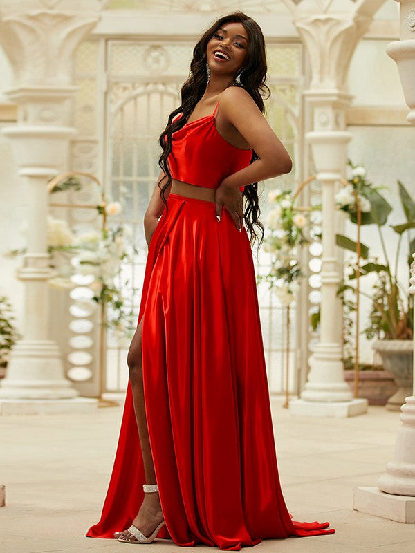 Satin Ruffles Spaghetti Straps Sleeveless Sweep/Brush Train Two Piece Dresses