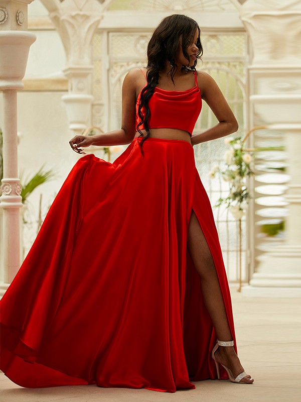 Satin Ruffles Spaghetti Straps Sleeveless Sweep/Brush Train Two Piece Dresses