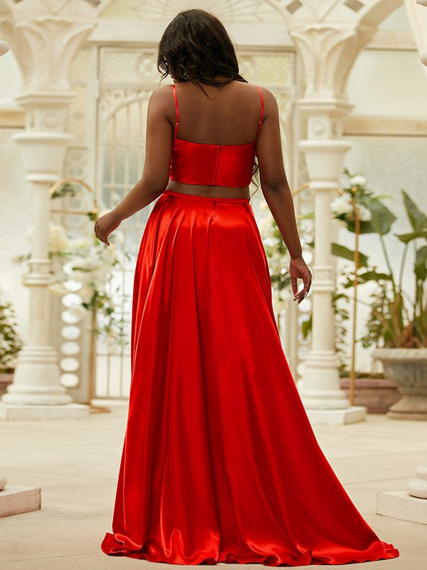 Satin Ruffles Spaghetti Straps Sleeveless Sweep/Brush Train Two Piece Dresses