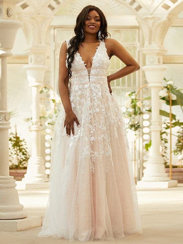 Tulle Applique V-neck Sleeveless Floor-Length Dresses